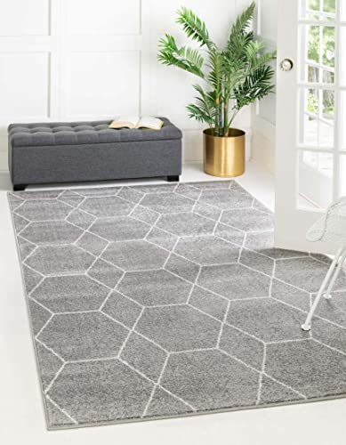 Unique Loom Trellis Frieze Collection Area Rug-Modern Morroccan Inspired Geometric Lattice Design, 6 x 9 ft, Light Gray/Ivory