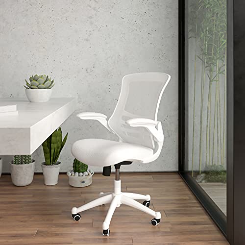 Flash Furniture Mid-Back White Mesh Swivel Ergonomic Task Office Chair with White Frame and Flip-Up Arms