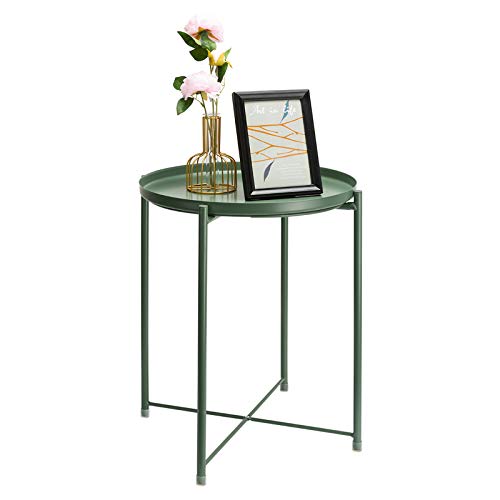 danpinera Tray Metal End Table, Small Round Side Table Accent Table Bedside Table Round Metal Nightstand, Outdoor Side Table Indoor Snack Table Accent Table Anti-Rust and Waterproof Dark Green