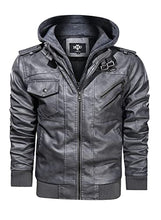 Load image into Gallery viewer, Hood Crew Men’s Casual Stand Collar PU Faux Leather Zip-Up Motorcycle Bomber Jacket With a Removable Hood Gray S
