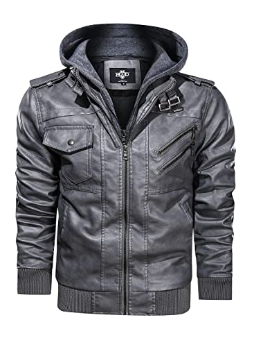 Hood Crew Men’s Casual Stand Collar PU Faux Leather Zip-Up Motorcycle Bomber Jacket With a Removable Hood Gray S