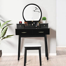 Load image into Gallery viewer, VIVOHOME Vanity Set with 3-Color Dimmable Lighted Mirror, Makeup Dressing Table with Drawers, Padded Stool, Black
