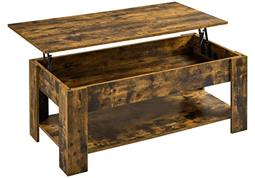 Yaheetech Coffee Table, 47.5in Lift top Coffee Table with Hidden Compartment and Storage Shelf, Rising Tabletop Dining Table for Living Room Reception Room, 47.5in L, Rustic Brown