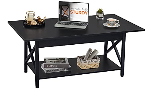 GreenForest Coffee Table Farmhouse Rustic with Storage Shelf for Living Room 43.3 x 23.6 inch, Easy Assembly, Black