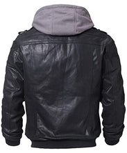 Load image into Gallery viewer, FLAVOR Men&#39;s Leather Motorcycle Jacket with Removable Hood Brown Pigskin (Large(US standard), Black+Gray)
