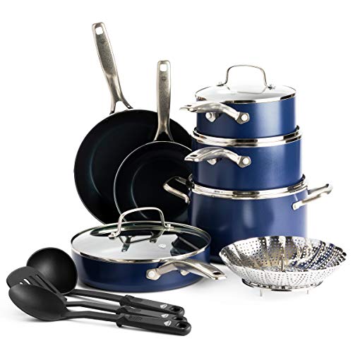 Blue Diamond Cookware Diamond Infused Ceramic Nonstick 14 Piece Cookware Pots and Pans Set, PFAS-Free, Dishwasher Safe, Oven Safe, Blue