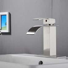 Load image into Gallery viewer, VOTON Waterfall Spout Single Handle Bathroom Faucet Brushed Nickel Commercial Modern Lavatory Tap with Pop-up Drain
