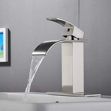 Load image into Gallery viewer, VOTON Waterfall Spout Single Handle Bathroom Faucet Brushed Nickel Commercial Modern Lavatory Tap with Pop-up Drain
