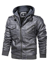 Load image into Gallery viewer, Hood Crew Men’s Casual Stand Collar PU Faux Leather Zip-Up Motorcycle Bomber Jacket With a Removable Hood Gray S
