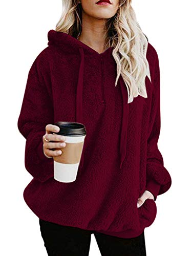 Century Star Womens Fuzzy Hoodies Pullover Sport Hoodie Cozy Oversized Pockets Hooded Sweatshirt Athletic Fleece Hoodies Wine Red Medium