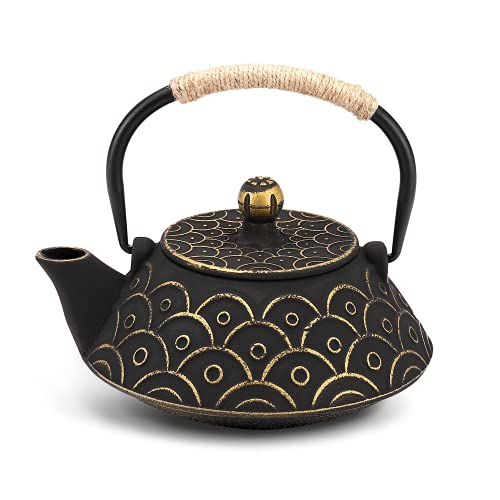 VUDECO Japanese Teapot Cast Iron Tea Kettle with Infuser Japanese Tea Set Tea Pots with Infusers for Loose Tea Kettle Set Cast Iron Tea Kettle Stove Top Safe- Black with Gold Wave Pattern 30oz / 900ml