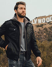 Load image into Gallery viewer, FLAVOR Men&#39;s Leather Motorcycle Jacket with Removable Hood Brown Pigskin (Large(US standard), Black+Gray)
