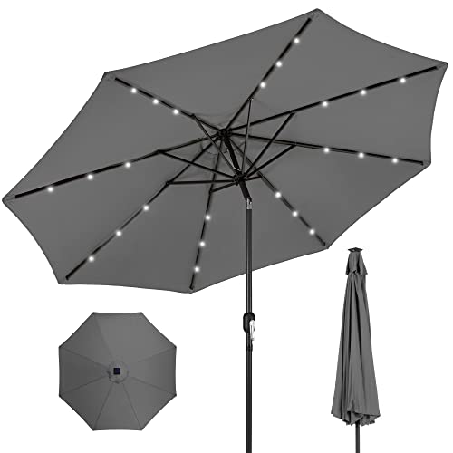 Best Choice Products 10ft Solar Powered Aluminum Polyester LED Lighted Patio Umbrella w/Tilt Adjustment and UV-Resistant Fabric, Gray