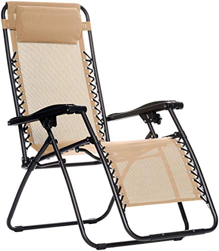 Amazon Basics Outdoor Textilene Adjustable Zero Gravity Folding Reclining Lounge Chair with Pillow, Beige