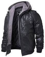 Load image into Gallery viewer, FLAVOR Men&#39;s Leather Motorcycle Jacket with Removable Hood Brown Pigskin (Large(US standard), Black+Gray)
