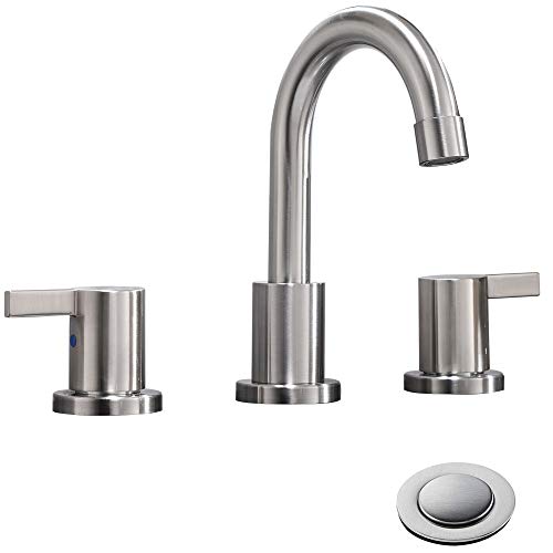 2 Handle 3 Hole 8 Inch Widespread Bathroom Faucet with Metal Pop-Up Drain by Phiestina, Brushed Nickel, WF015-1-BN