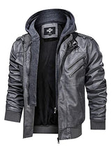 Load image into Gallery viewer, Hood Crew Men’s Casual Stand Collar PU Faux Leather Zip-Up Motorcycle Bomber Jacket With a Removable Hood Gray S
