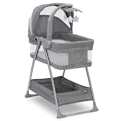 Simmons Kids City Sleeper Bedside Bassinet Portable Crib - Activity Mobile Arm with Nightlight, Vibrations, Twinkle Lights and Rotating Stars, Grey Tweed