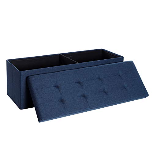 SONGMICS 43 Inches Folding Storage Ottoman Bench Storage Chest Foot Rest Stool with Wooden Divider, Holds up to 660 lb, Navy Blue ULSF77IN