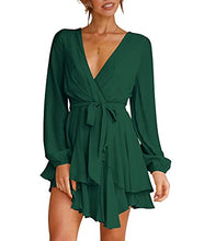 Load image into Gallery viewer, Womens Mini Dress Deep V-Neck Long Sleeve Tie Waist Flare Short Dresses Green S
