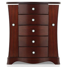 Load image into Gallery viewer, RR ROUND RICH DESIGN Jewelry Box - Made of Solid Wood with Tower Style 4 Drawers Organizer and 2 Separated Open Doors on 2 Sides and Large Mirror Brown
