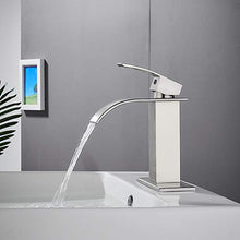 Load image into Gallery viewer, VOTON Waterfall Spout Single Handle Bathroom Faucet Brushed Nickel Commercial Modern Lavatory Tap with Pop-up Drain
