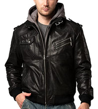Load image into Gallery viewer, FLAVOR Men&#39;s Leather Motorcycle Jacket with Removable Hood Brown Pigskin (Large(US standard), Black+Gray)
