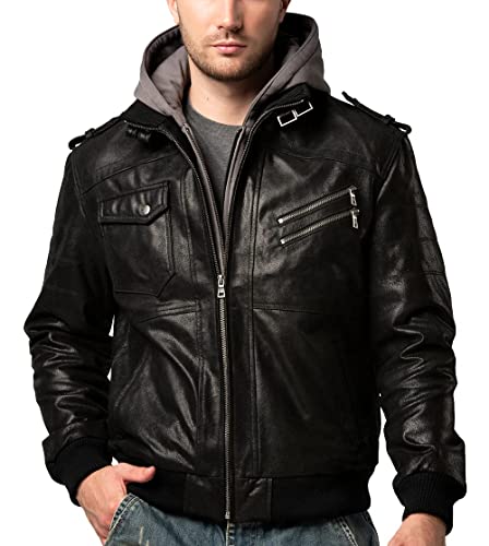 FLAVOR Men's Leather Motorcycle Jacket with Removable Hood Brown Pigskin (Large(US standard), Black+Gray)