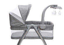 Load image into Gallery viewer, Simmons Kids City Sleeper Bedside Bassinet Portable Crib - Activity Mobile Arm with Nightlight, Vibrations, Twinkle Lights and Rotating Stars, Grey Tweed
