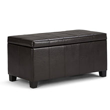 Load image into Gallery viewer, SIMPLIHOME Dover 36 inch Wide Rectangle Lift Top Storage Ottoman Bench in Upholstered Tanners Brown Faux Leather, Footrest Stool, Coffee Table for the Living Room, Bedroom and Kids Room
