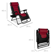 Load image into Gallery viewer, Best Choice Products Oversized Padded Zero Gravity Chair, Folding Outdoor Patio Recliner, XL Anti Gravity Lounger for Backyard w/Headrest, Cup Holder, Side Tray, Outdoor Polyester Mesh - Burgundy
