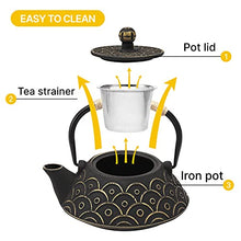 Load image into Gallery viewer, VUDECO Japanese Teapot Cast Iron Tea Kettle with Infuser Japanese Tea Set Tea Pots with Infusers for Loose Tea Kettle Set Cast Iron Tea Kettle Stove Top Safe- Black with Gold Wave Pattern 30oz / 900ml
