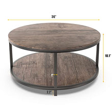 Load image into Gallery viewer, NSdirect 36 inches Round Coffee Table, Rustic Wooden Surface Top &amp; Sturdy Metal Legs Industrial Sofa Table for Living Room Modern Design Home Furniture with Storage Open Shelf (Light Walunt)
