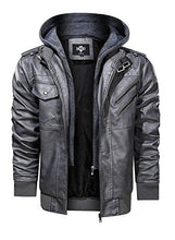 Load image into Gallery viewer, Hood Crew Men’s Casual Stand Collar PU Faux Leather Zip-Up Motorcycle Bomber Jacket With a Removable Hood Gray S
