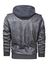 Load image into Gallery viewer, Hood Crew Men’s Casual Stand Collar PU Faux Leather Zip-Up Motorcycle Bomber Jacket With a Removable Hood Gray S
