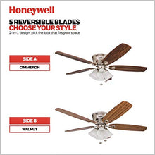 Load image into Gallery viewer, Honeywell 50182 Quick-2-Hang Hugger Ceiling Fan, 52” Dimmable LED White Swirled Marble Fixtures, Easy Installation Cimmeron/Walnut Blades, Brushed Nickel
