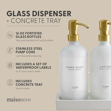 Load image into Gallery viewer, MaisoNovo Glass Soap Dispenser with Pump | Vintage Bathroom and Kitchen Soap Dispenser Set with Dish Soap, Hand Soap, Lotion Waterproof Labels | White Bottles Gold Pumps - Set of 2
