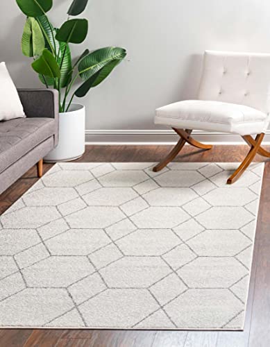 Unique Loom Trellis Frieze Collection Area Rug-Modern Morroccan Inspired Geometric Lattice Design, 6 x 9 ft, Ivory/Gray