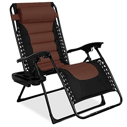 Best Choice Products Oversized Padded Zero Gravity Chair, Folding Outdoor Patio Recliner, XL Anti Gravity Lounger for Backyard w/Headrest, Cup Holder, Side Tray, Outdoor Polyester Mesh - Brown