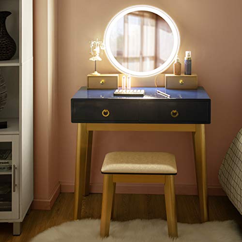 CHARMAID Vanity Set with Touch Screen Dimming Mirror, 3 Color Lighting Modes, Dressing Table with 4 Sliding Drawers, Modern Bedroom Makeup Table and Cushioned Stool Set for Women Girls (Navy)