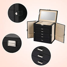 Load image into Gallery viewer, Frebeauty Large Jewelry Box,6-Tier PU Leather Jewelry Organizer with Lock,Multi-functional Storage Case with Mirror,Accessories Holder with 5 Drawers for Necklace Bracelets Watches(Black)
