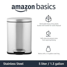 Load image into Gallery viewer, Amazon Basics Smudge Resistant Small Rectangular Trash Can With Soft-Close Foot Pedal, Brushed Stainless Steel, 5 Liter/1.32 Gallon, Satin Nickel Finish
