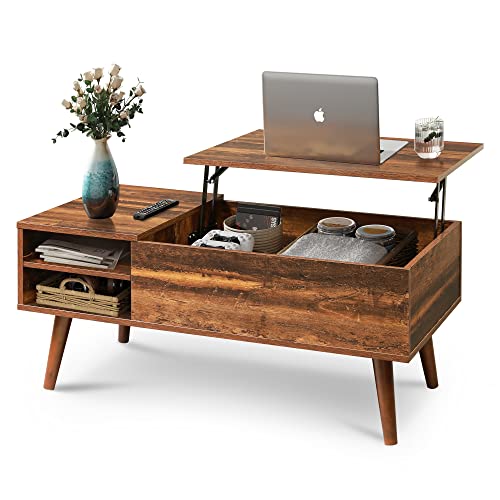 WLIVE Wood Lift Top Coffee Table with Hidden Compartment and Adjustable Storage Shelf, Lift Tabletop Dining Table for Home Living Room, Office, Retro Brown