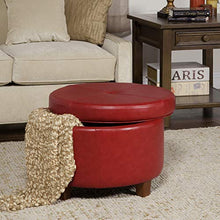 Load image into Gallery viewer, HomePop Round Leatherette Storage Ottoman with Lid, Cinnamon Red
