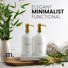 Load image into Gallery viewer, MaisoNovo Glass Soap Dispenser with Pump | Vintage Bathroom and Kitchen Soap Dispenser Set with Dish Soap, Hand Soap, Lotion Waterproof Labels | White Bottles Gold Pumps - Set of 2
