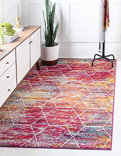 Unique Loom Trellis Frieze Collection Area Rug-Modern Morroccan Inspired Geometric Lattice Design, 6 x 9 ft, Multi/Fuchsia