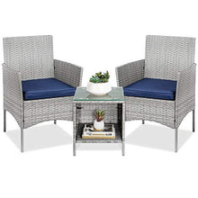 Load image into Gallery viewer, Best Choice Products 3-Piece Outdoor Wicker Conversation Bistro Set, Space Saving Patio Furniture for Yard, Garden w/ 2 Chairs, 2 Cushions, Side Storage Table - Gray/Navy
