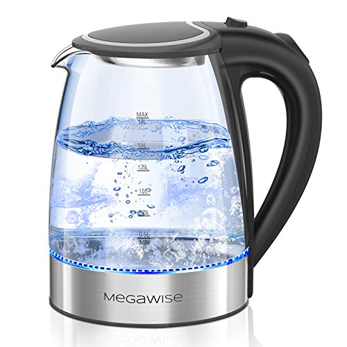 MegaWise 1500W Electric Kettle , 1.8L Borosilicate Glass Tea Kettle with LED Light, Auto Shut-Off and Boil-Dry Protection Cordless Kettle Fast Boiling, BPA Free