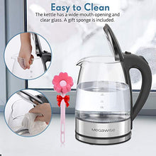 Load image into Gallery viewer, MegaWise 1500W Electric Kettle , 1.8L Borosilicate Glass Tea Kettle with LED Light, Auto Shut-Off and Boil-Dry Protection Cordless Kettle Fast Boiling, BPA Free
