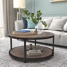 Load image into Gallery viewer, NSdirect 36 inches Round Coffee Table, Rustic Wooden Surface Top &amp; Sturdy Metal Legs Industrial Sofa Table for Living Room Modern Design Home Furniture with Storage Open Shelf (Light Walunt)
